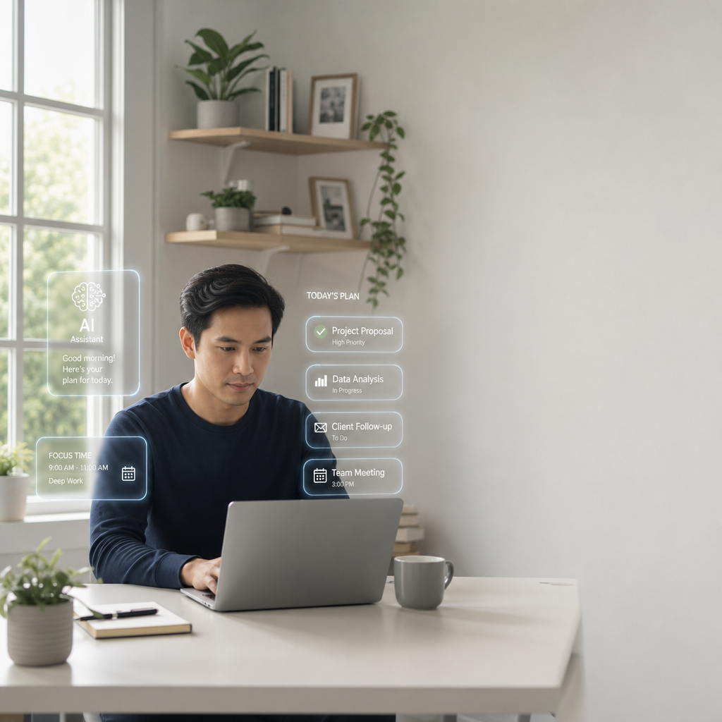 Professional using AI tools on a laptop to improve productivity and work more efficiently.